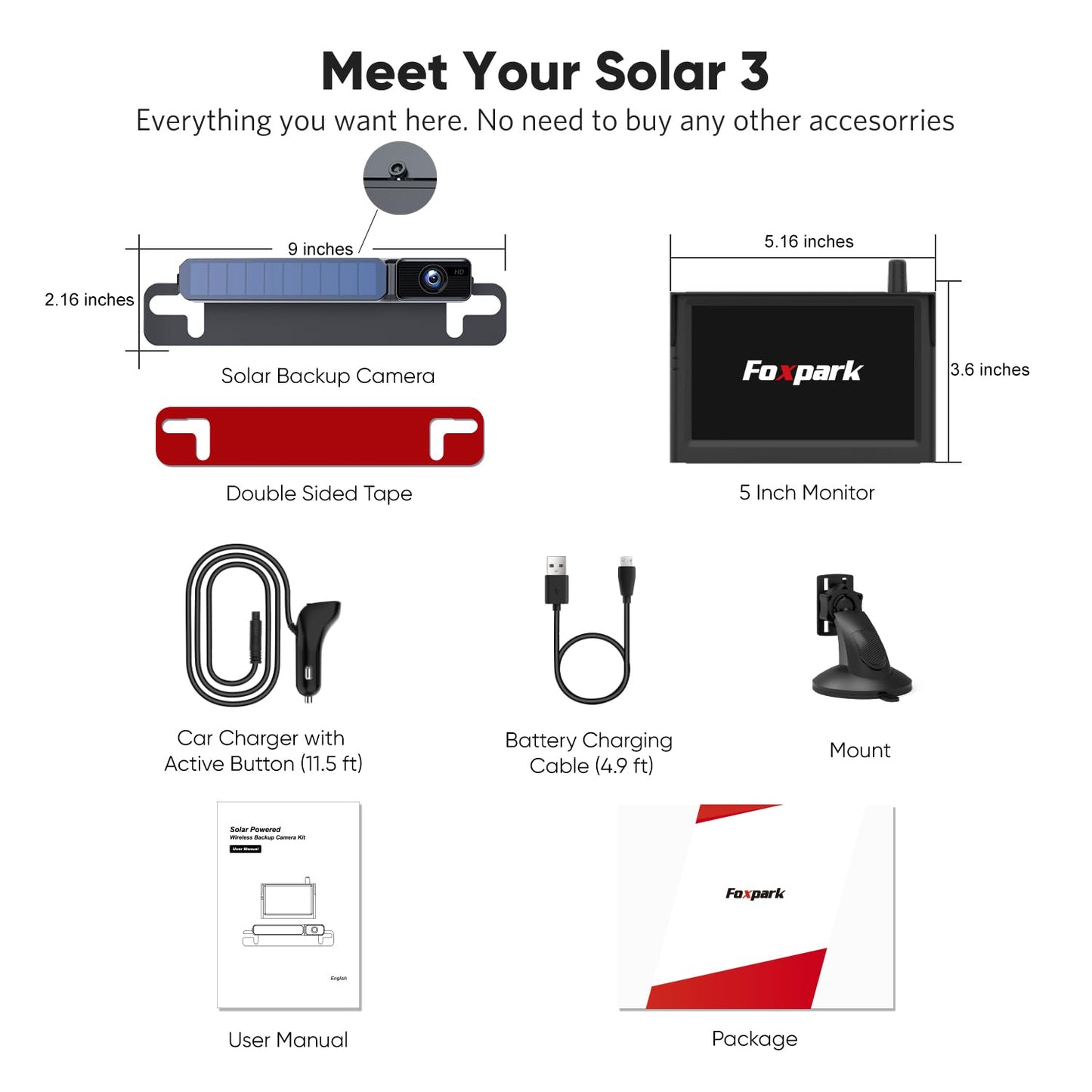Foxpark Solar Wireless Backup Camera, 1080P 5'' Monitor Back Up Camera Systems Wireless, 3 Mins DIY Installation, Reverse Camera for Car, Truck, Van, RV