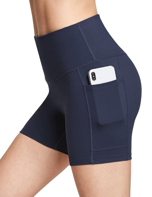 baleaf Biker Shorts Women Yoga Gym Workout Spandex Running Volleyball Tummy Control Compression with Pockets Soft 5" Blue L