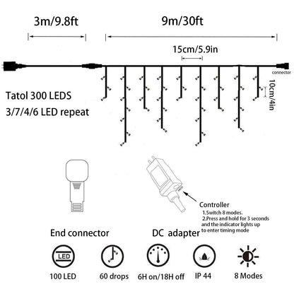 YASENN 300LED Icicle Lights Cool White, 29.5FT Outdoor Christmas Light with 8 Modes & Memory Timer, 60 Strands Dripping Waterfall Lights for Roof Eaves, Gutters, Window, Patio, Party Decor