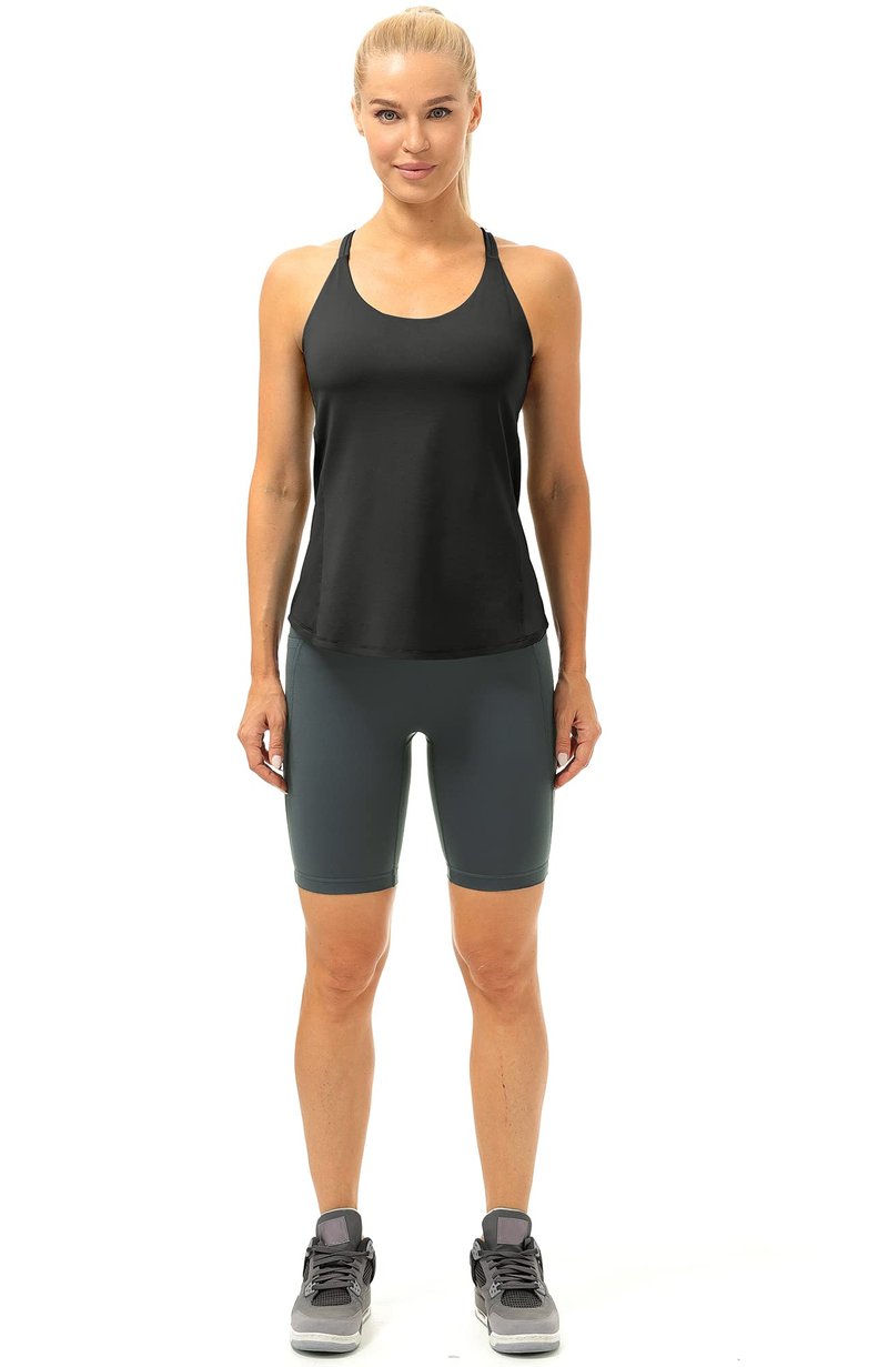 icyzone Workout Tank Tops Built in Bra - Women's Strappy Athletic Yoga Tops, Running Exercise Gym Shirts (S, Black)