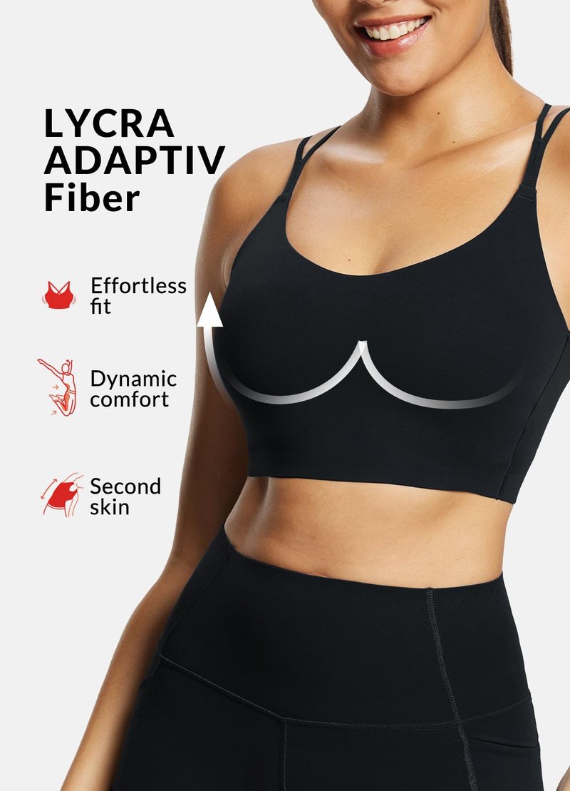 baleaf everleaf Women's Sports Bra Longline Padded Yoga Bra Low Impact Strap Workout Crop Tank Tops Black Black L-XL