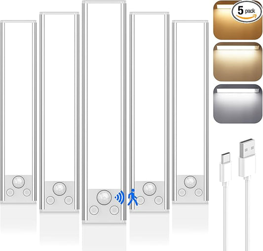5-Pack Under Cabinet Lighting, 68LED 2000mAh Rechargeable Battery Operated Motion Sensor Light Indoor, 3 Color Wireless Dimmable Closet Lights, Magnetic Under-Counter Light Fixtures for Kitchen, Home