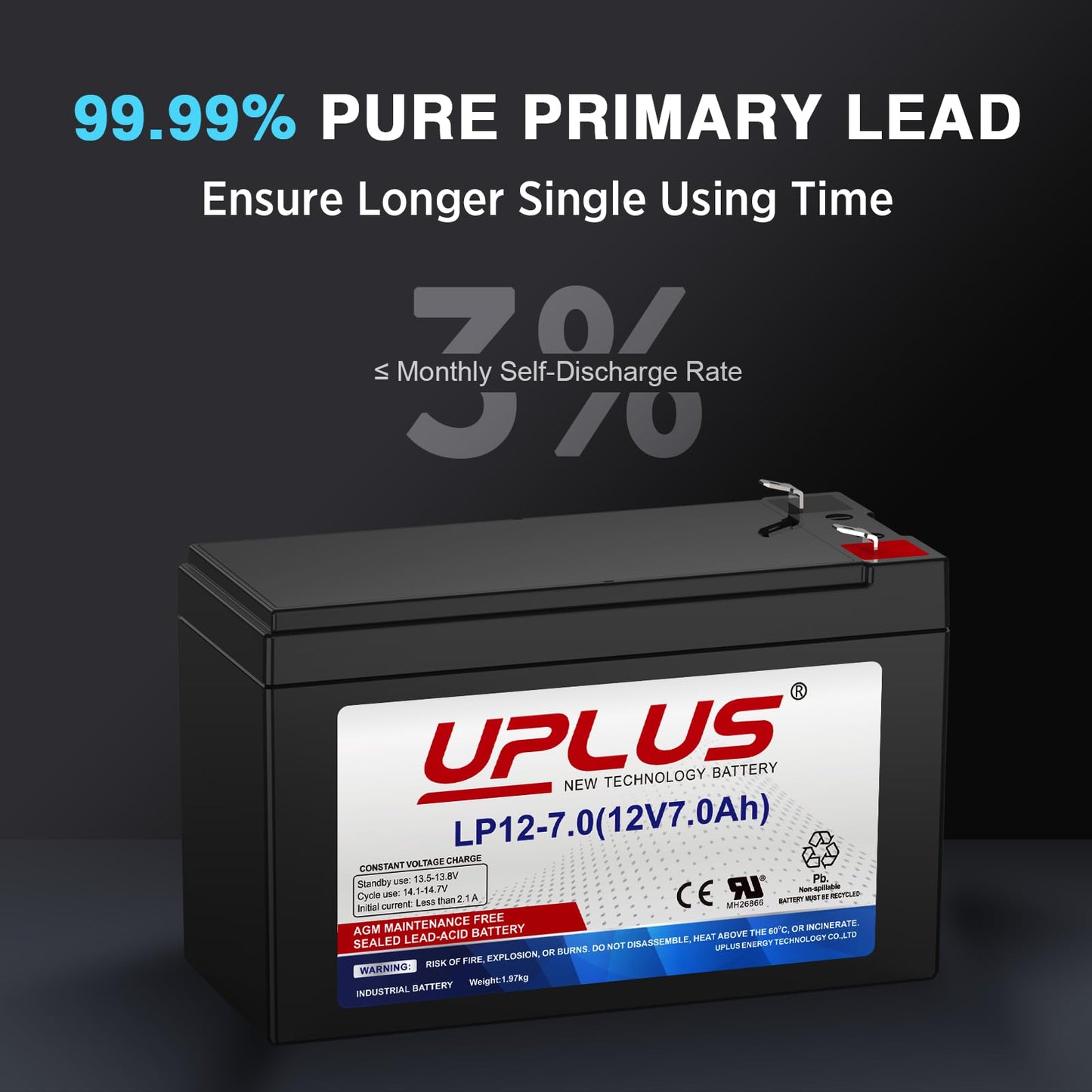 UPLUS 12V 7Ah Battery LP12-7.0, with T1(F1) Terminal, SLA Rechargeable Battery for UPS, Home Alarm, Garage Doors, Replace APC RBC17, LSLA7-12, NP7-12, Y7-12 | Confirm size before order
