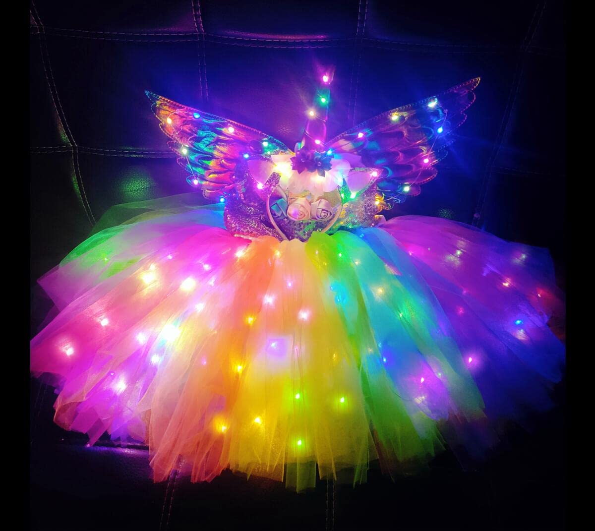 SHINYOU Girls Unicorn Costume Rainbow Unicorn Dress LED Light Up Unicorn Tutu with LED Wing for Halloween Birthday Gift DeepRainbow+Wing 3-4Y¡­