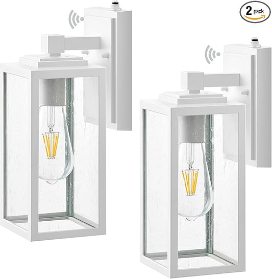 VIANIS 2 Pack White Dusk to Dawn Outdoor Wall Lantern, Waterproof Modern Outdoor Lighting Fixture Wall Mount for Garage, Anti-Rust Exterior Sconce Light with Tempered Seeded Glass for Entryway