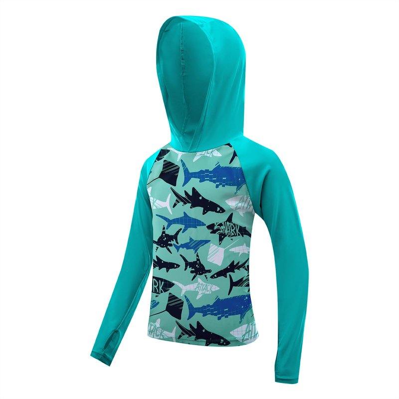 Boys Rash Guard Swim Shirts Toddler Kids Long Sleeve Hoodie UPF 50+ Sun Protection Swim Top Fishing Shirt with Thumb Hole Lake Blue Shark 3-4T