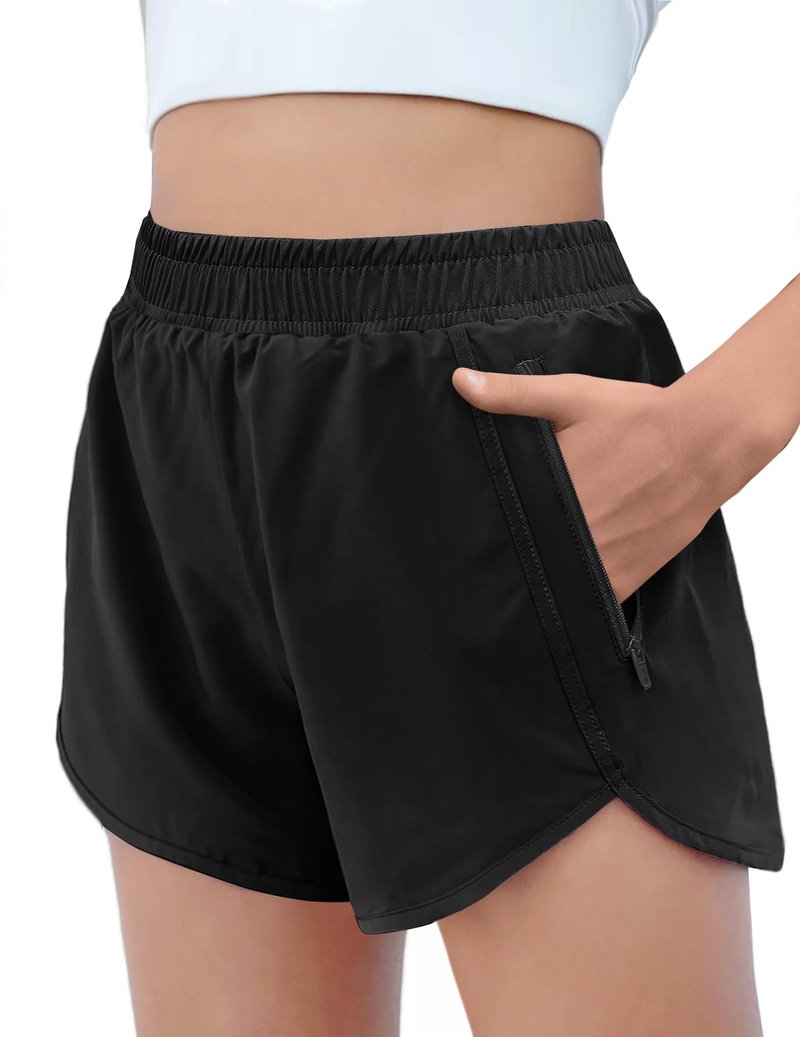 Zaclotre Girls Athletic Shorts with Zipper Pockets High Waisted Running Shorts Soccer Gym Sports Active Short for Kids Black