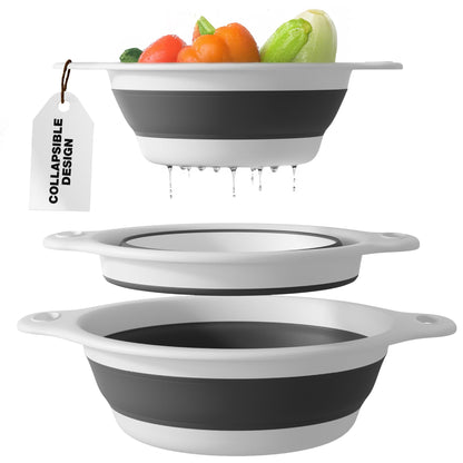 Collapsible Colanders (3 Pack Set) Food Strainers with Over-Sink Water Draining Base for Pasta Fruits and Vegetables, White (3 Sizes, 3QT, 4QT and 5 Quart)