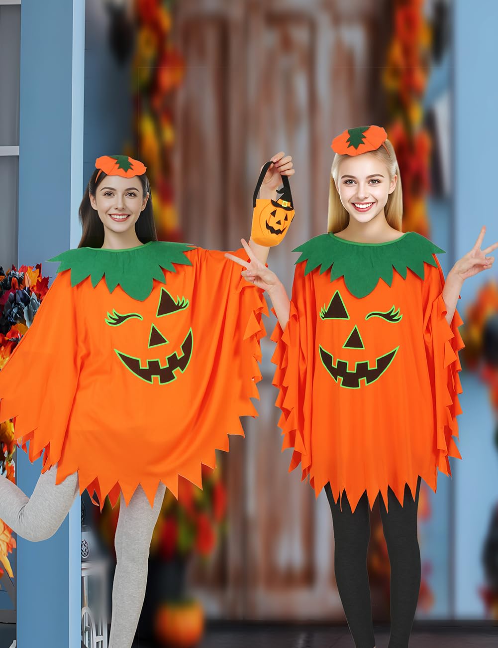 qqpouc Pumpkin Costume for Women Kids，Glow in the Dark Adult Halloween Pumpkin Poncho/Headband/Candy Bags