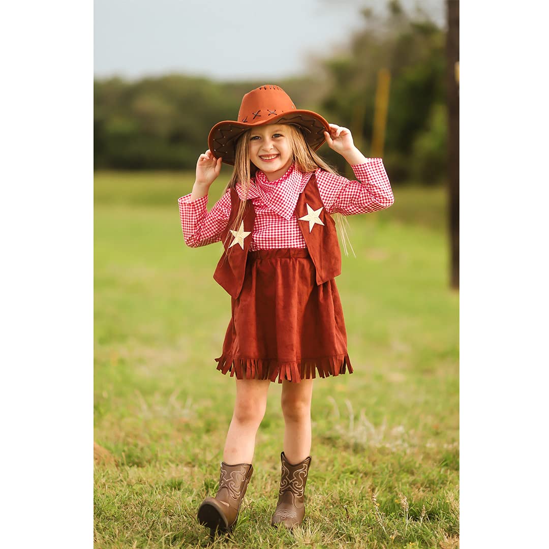 ReliBeauty Western Cowgirl Costume for Girls Funny Holiday Party Princess Dress Up Outfit for Kids Brown,7-8/140