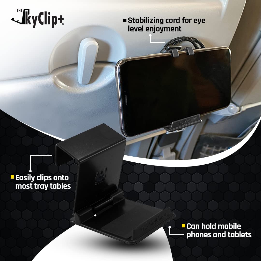 The SkyClip+ Phone & Tablet Holder for Air Travel, Home and Office Use - Inflight Phone Mount & Stand Compatible with iPhone, Android, Kindle and Tablets - Travel Accessory (Black & Black, 2 Pack)