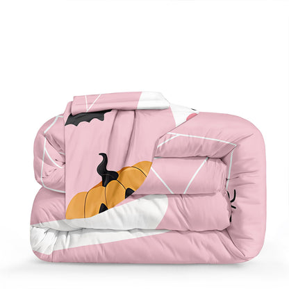 Pumpkin Ghost Comforter Set Girls Pink Halloween Bedding Set Orange Pumpkin White Ghost Bat Spider Cute Cartoon Bedding Kids Teens Happy Halloween Bed Set King Size