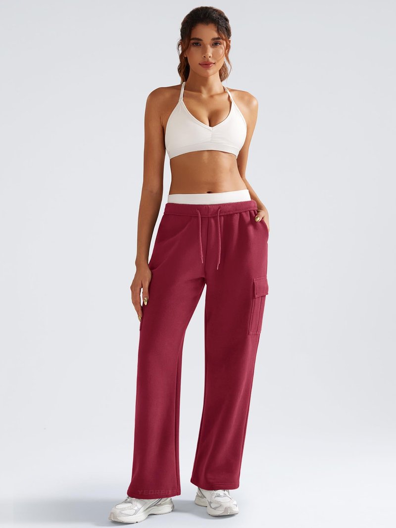 YEOREO Sweatpants Womens Cargo Pants Fleece Lined Wide Leg Joggers Baggy Drawstring Nairi Sweat Pants with Pockets Ancora Red M