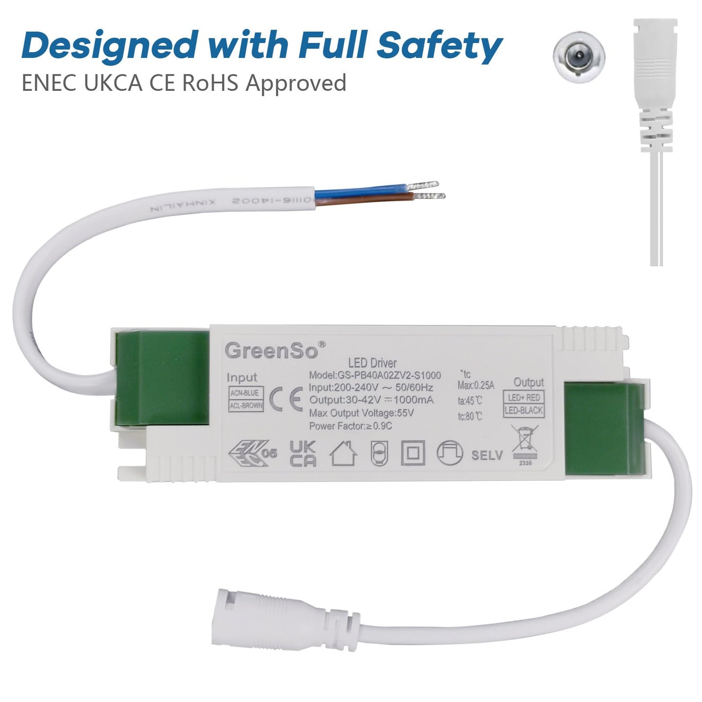 GreenSo 36-40W LED Driver Power Supply 200-240Vac to 30-42Vdc 1000mA Constant Current Transformer for Recessed Ceiling Flat LED Panel Lights 60x60, 120x30, 120x60cm, ENEC UKCA CE RoHS