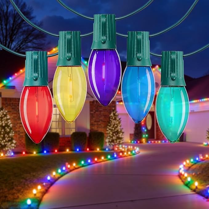 C9 LED Christmas Lights Outdoor, 50 FT 50 Colored Bulbs Vintage C9 Connectable String Lights for Christmas Tree Roofline Patio Garden Backyard Holiday Party Indoor Outdoor Decoration, Green Wire