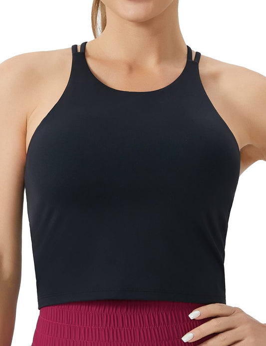 THE GYM PEOPLE Women's Cross Back Sports Bra Halter Neck Workout Crop Tank Tops with Removable Pads Black