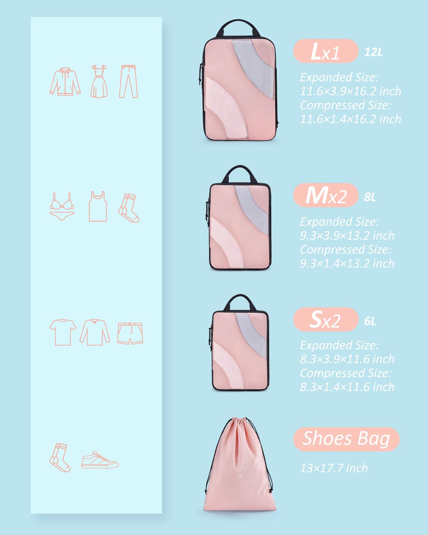 BAGSMART Compression Packing Cubes for Travel, 6 Set Travel Packing Cubes for Suitcases, Compression Suitcase Organizers Bag Set, Lightweight Packing Organizers Baby Pink