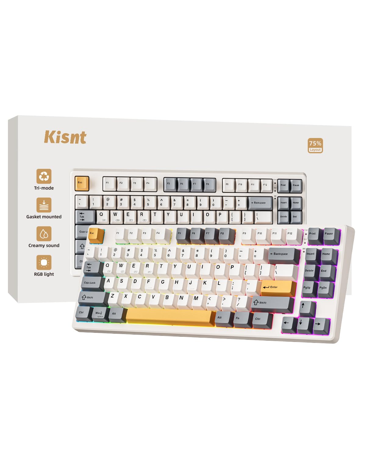 Wireless Mechanical Keyboard,Gasket Mounted with Creamy Sound,Bluetooth/2.4GHz/USB-C,Custom Hot Swappable,RGB Backlit,75% Compact Layout for Gaming/Typing/Win/Mac/PC (Retro Beige,Linear Switch)