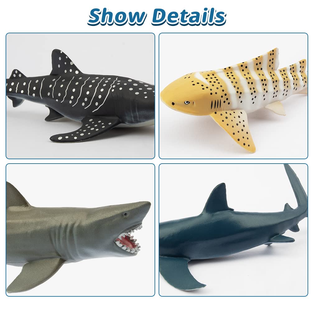 toymany 6PCS 12-14CM Realistic Shark Bath Toy Figurines, Plastic Ocean Sea Animals Figures Set Includes Whale, Tiger, Great White Shark, Cake Toppers Christmas Birthday Gift for Kids Toddlers