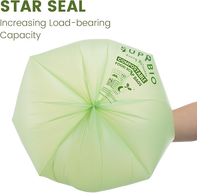SUPERBIO 13 Gallon Handle Tie Compostable Food Waste Bags, 2 Pack, ASTM D6400