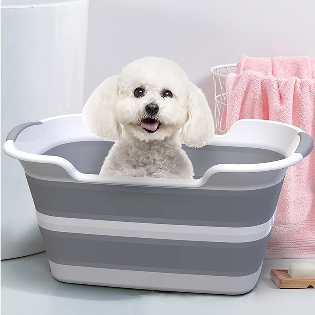 ddLUCK 28L Multi-Functional Collapsible Pet Bathtub with Drainage Hole, Portable Indoor Outdoor Foldable Washing Tub Bathing Tub Small Pets Bathtub for Puppy Small Dogs Cats