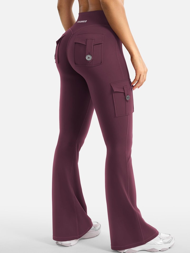 YEOREO CoreFlex Women Workout Flare Leggings with Pockets Hidden Scrunch High Waisted Cargo Gym Yoga Leggings Dark Cherry M