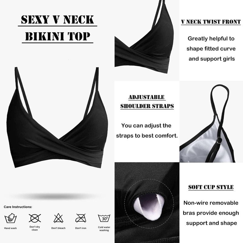 Amy Babe Women's High Waisted Bikini Sets Push Up Twist Front Spaghetti Straps Ruched Two Piece Swimsuit Bathing Suit Black (Medium)