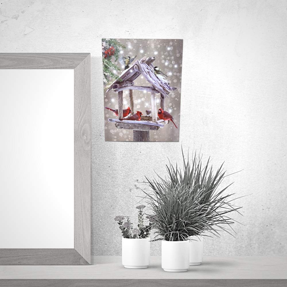 BANBERRY DESIGNS Lighted Cardinals Canvas Print with Rustic Bird Feeder - Berries Snowy LED Winter Scene - 20 Fiber Optic Lights - Wall Art - Measures 15.75" x 11.75"