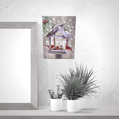 BANBERRY DESIGNS Lighted Cardinals Canvas Print with Rustic Bird Feeder - Berries Snowy LED Winter Scene - 20 Fiber Optic Lights - Wall Art - Measures 15.75" x 11.75"