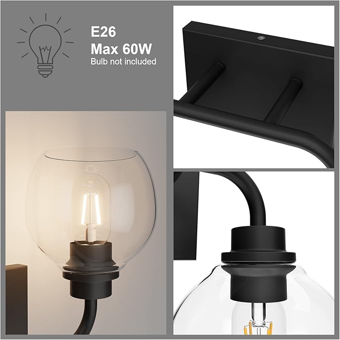Tipace 2 Lights Industrial Bathroom Vanity Light Fixtures Over Mirror Black Vintage Vanity Lights with Globe Clear Glass Farmhouse Wall Sconces Fixture(Exclude Bulb)