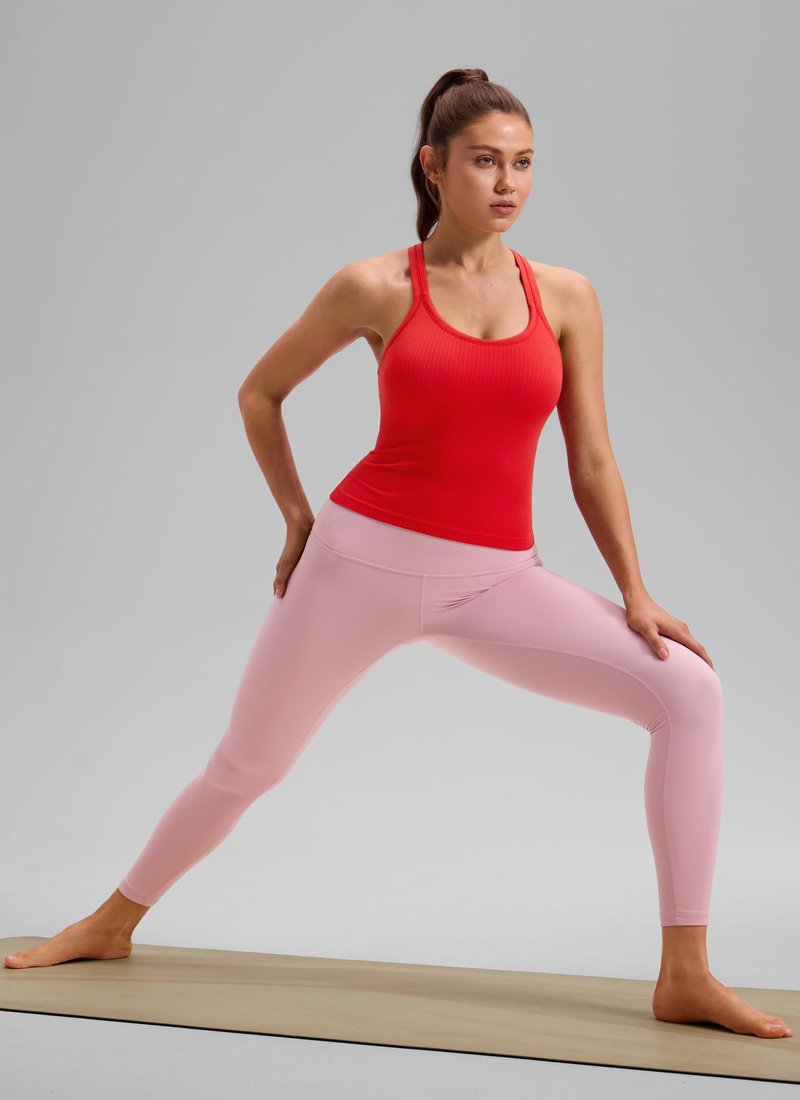 CRZ YOGA Womens Seamless Ribbed Racerback Workout Tank Tops - Padded Scoop Neck Athletic Camisoles with Built in Bra Deep Red Small