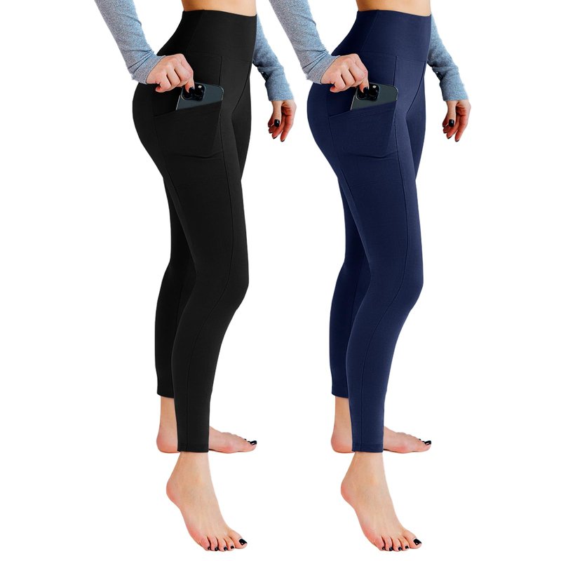 Leafigure 2 Pack Leggings with Pockets for Women, High Waisted Soft Leggings for Yoga Gym Black/Navy Blue XXL