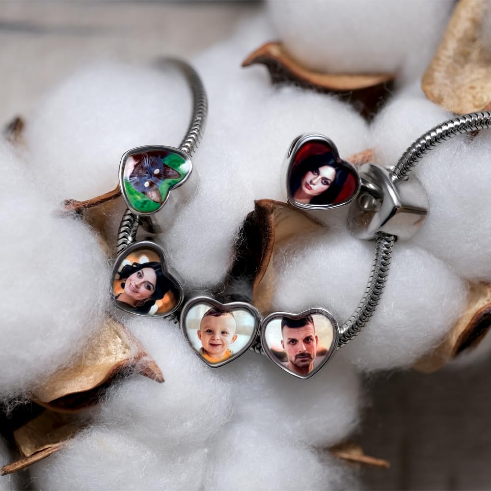 2Burned UK Personalised Love Heart Photo Charm Bead – Custom Picture Steel Jewellery – Fits European Style Charm Bracelets – Unique Gift for Mum, Wife, Girlfriend, Baby Scan Keepsake