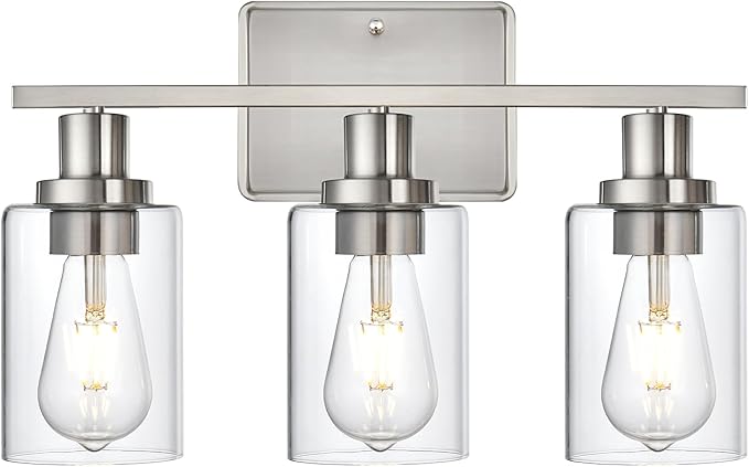 Bathroom Vanity Light,3-Light Brushed Nickel Vanity Light, Modern Matte Black Wall Sconce Lighting with Clear Glass Shade,Wall Mounted Lamps for Mirror Bedroom,Living Room