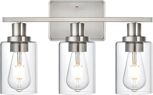Bathroom Vanity Light,3-Light Brushed Nickel Vanity Light, Modern Matte Black Wall Sconce Lighting with Clear Glass Shade,Wall Mounted Lamps for Mirror Bedroom,Living Room