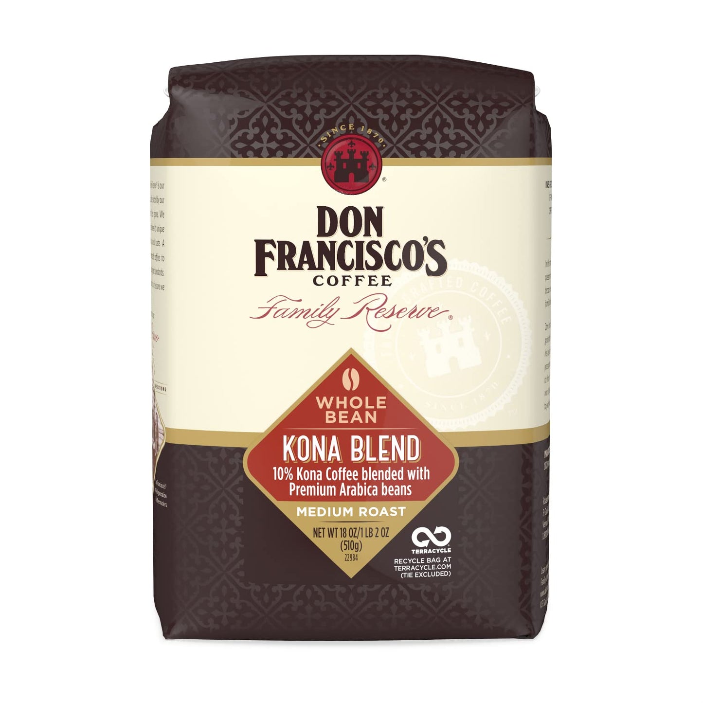 Don Francisco's Kona Blend Whole Bean Coffee, Medium Roast – 100% Arabica,18 oz Bag, Premium Coffee for Drip, Pour Over & French Press