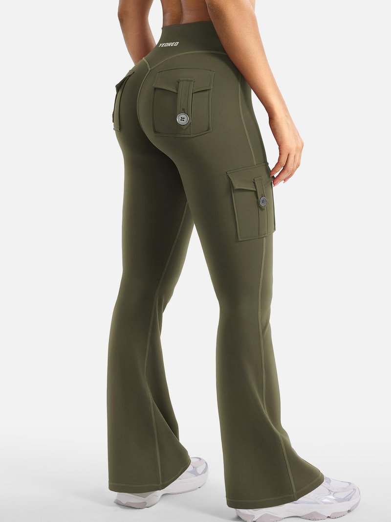 YEOREO CoreFlex Women Workout Flare Leggings with Pockets Hidden Scrunch High Waisted Cargo Gym Yoga No Front Seam Leggings Army Green XXL