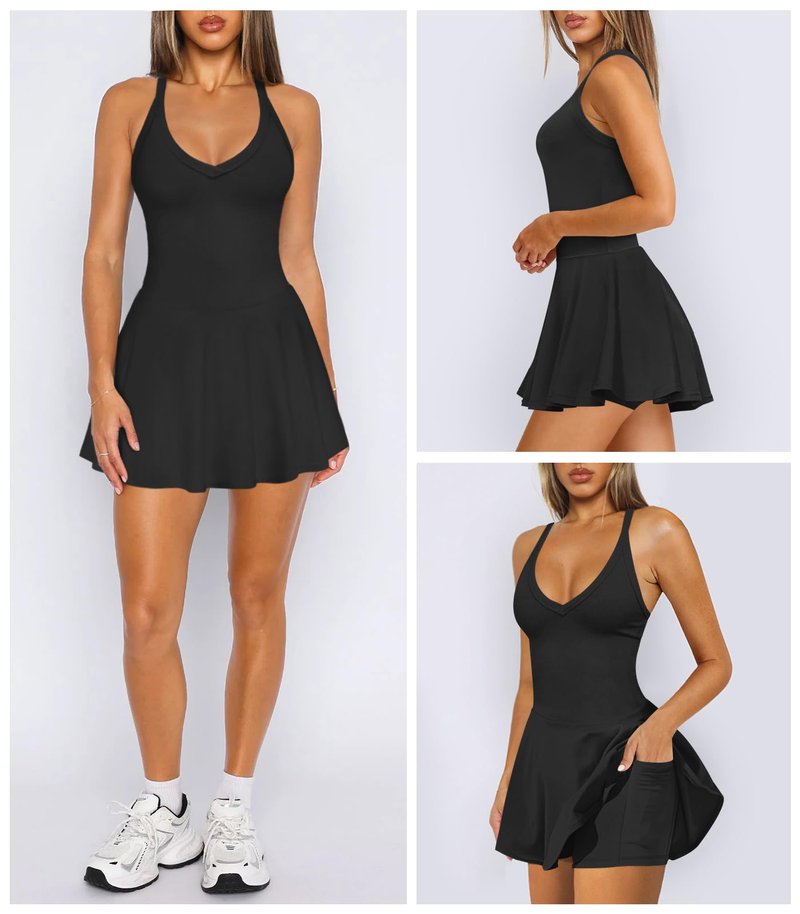 Hragc Women's Sexy V Neck Pleated Flowy Tennis Black Dress for Women Medium Athletic Golf Workou Active Summer Sleeveless Tank Mini Dresses with Shorts Pockets