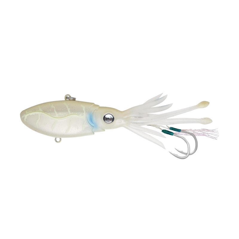 Nomad Design Squidtrex Patented Vibrating Fishing Lure- Scent Added TPE Soft Plastic Lure for Saltwater w/Strong BKK Assist Hooks, Fishing Bait that Catches Many Species, 130mm 5" 3 1/4oz- White Glow
