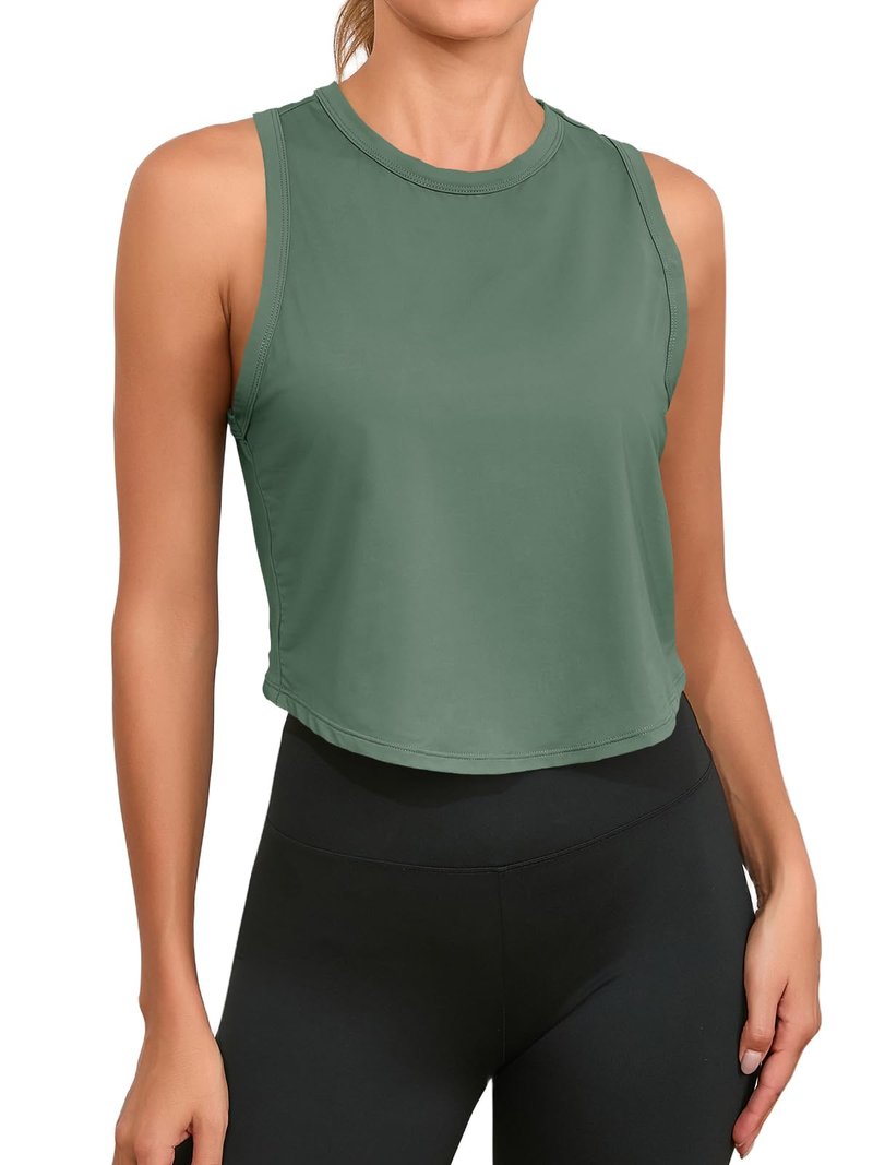 Fisoew Women's Workout Cropped Tank Top Racerback Back Slit Sleeveless Crewneck Running Yoga Active Shirt Army Green