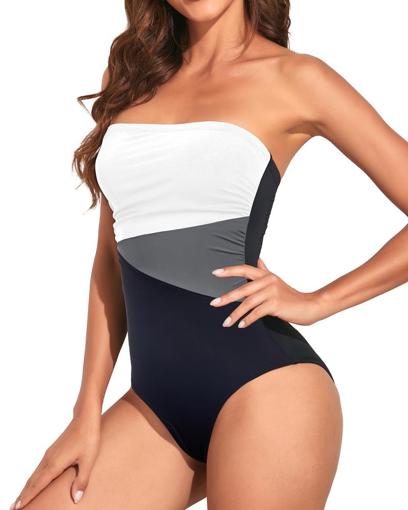 Holipick Women Black White Grey Strapless Bandeau One Piece Swimsuits Tummy Control Bathing Suits Halter Strapless Swimwear M