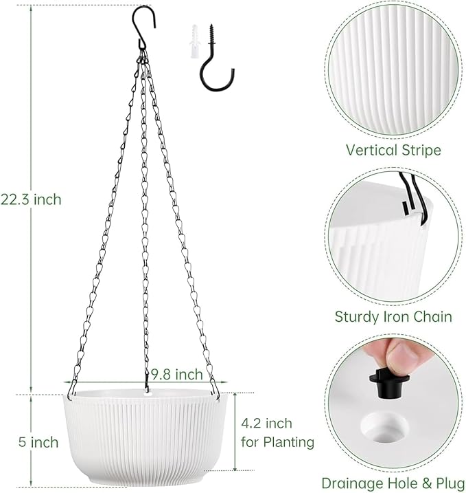Set of 2 10 Inch White Self Watering Hanging Planters for Indoor Outdoor Plants, Thickened Hanging Flower Pots with Drainage Hole & Plug and 20" Chain Hanger