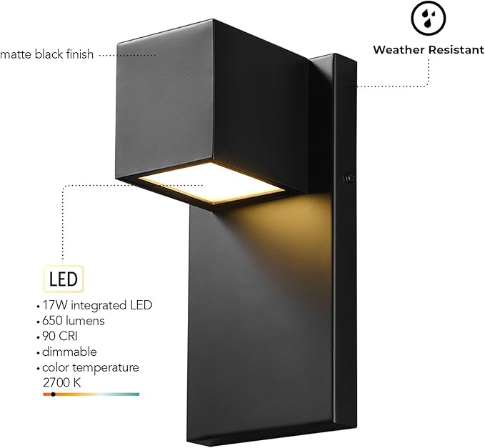 GLOBE Electric 60000124 17W Integrated LED Outdoor Wall Sconce, Matte Black Finish, 650 Lumens, 2700K Warm White, Weather-Resistant, Dimmable Exterior Light, 50,000 Hour Lifespan