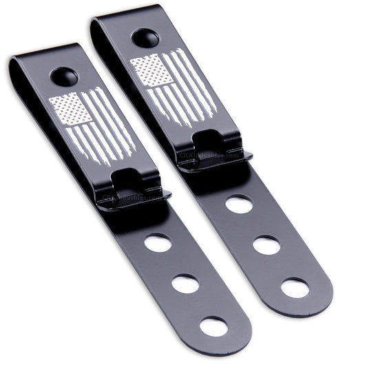 HolsterSmith Universal Metal Belt Clip for Holster Making - (Model 5) - (3-Hole) - (Tactical Black) - (w/USA Flag - Distressed Engraving) - (2 Pack)