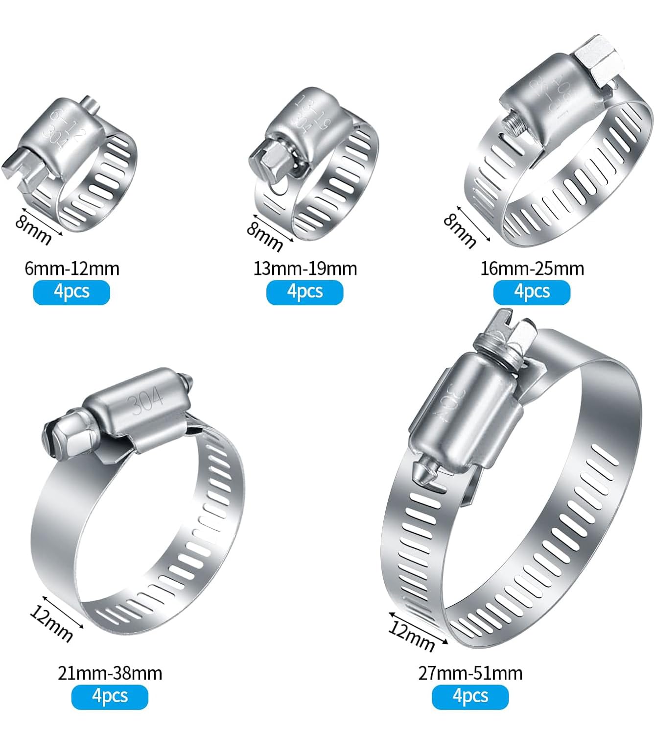 20Pcs Adjustable Stainless Steel Hose Clamps Assortment Kit, 1/4-2 in (6-51mm) Worm Gear Pipe, Fuel LineHeavy Duty for Plumbing, Washing Machine, Mechanical，Garden and Automotive Hose Connections