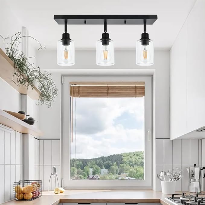 VINLUZ 3 Light Metal Bathroom Lighting in Black Finish Interior Wall Mounted Lights Multi-Directional Rotating Metal Ceiling Mount Fixture with Clear Glass Industrial Spotlight for Kitchen Foyer