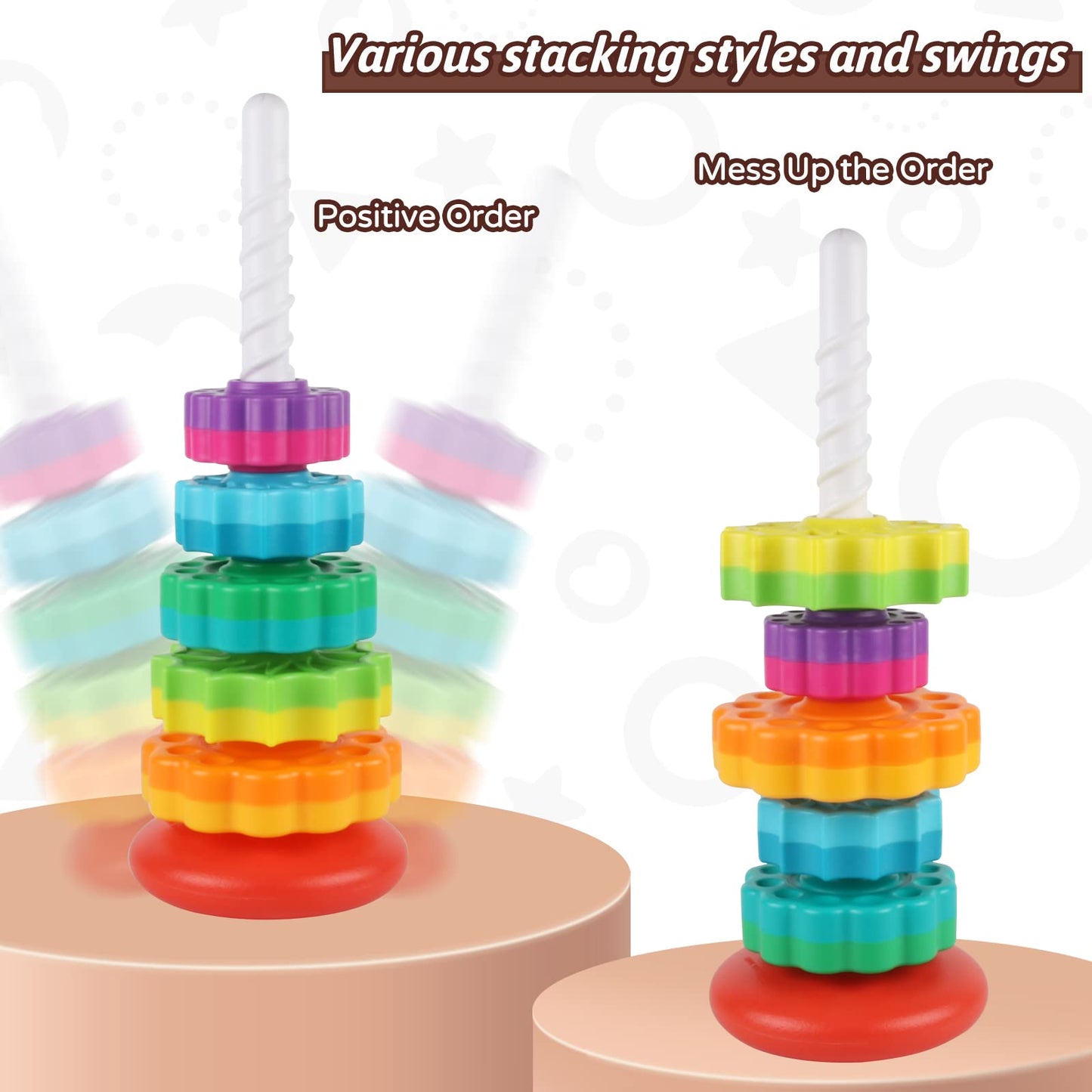 JUXUE Baby Spinning Stacking Toys for Toddlers 1-3, Rainbow Ring Stacker Montessori Toys for Babies 6-12 Months, 1 2 3 One Year Old Girl Boy Christmas Birthday Gifts, Autism Sensory Learning Toy