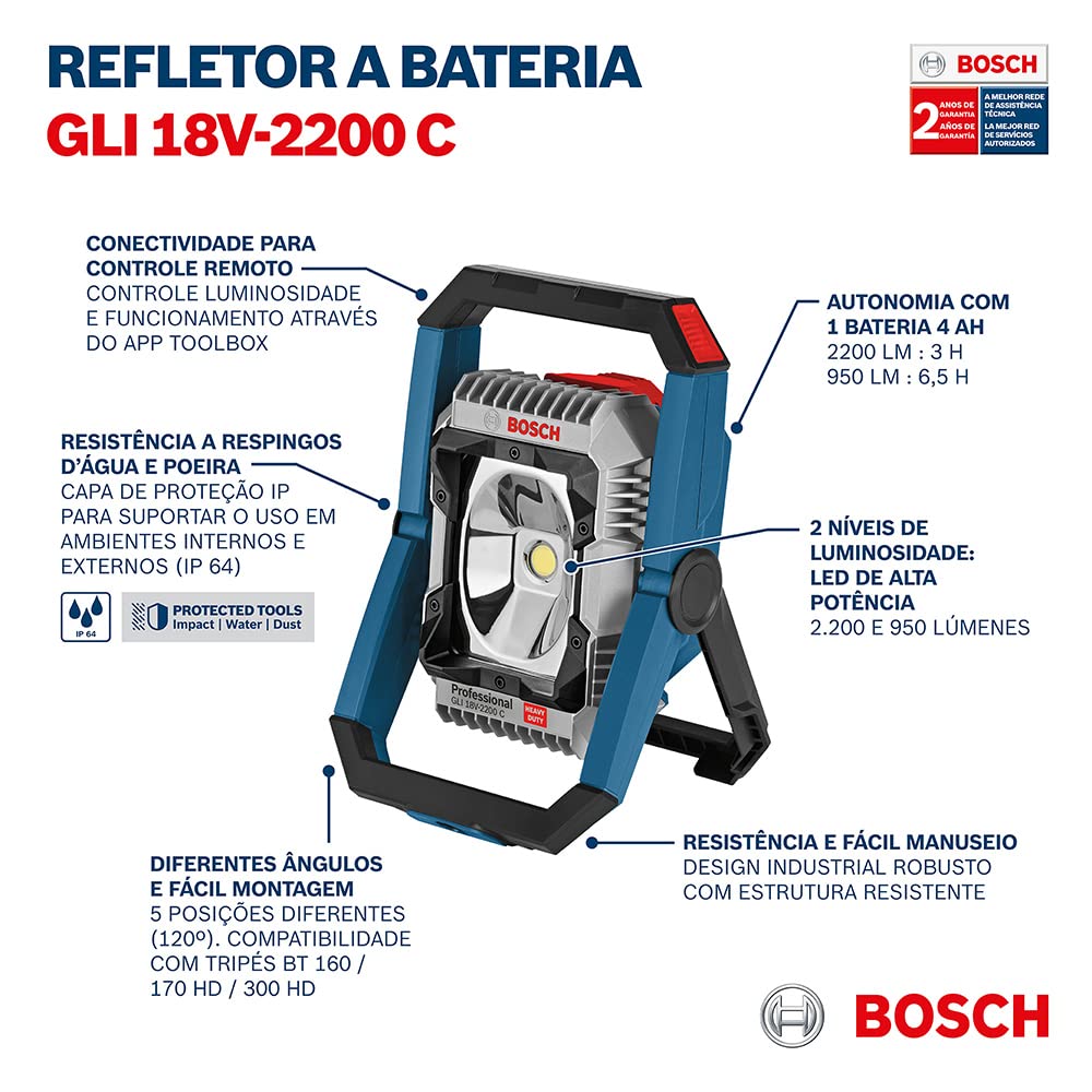 Bosch Professional 18V System Cordless LED Construction Site Floodlight GLI 18V-2200 C (max. brightness 2200 lumen, Connect Ready, without battery/charger)