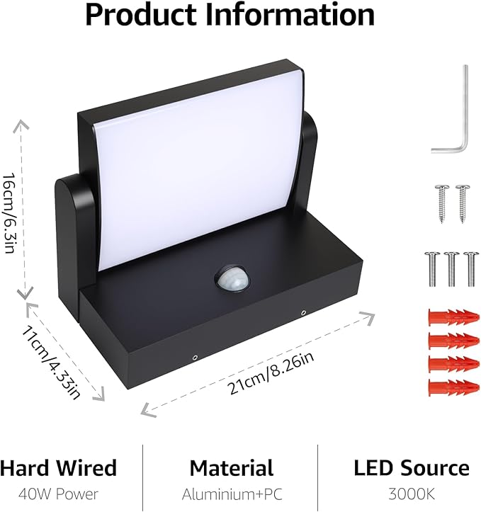 40W Motion Sensor Outdoor Wall Lights, 3000K Black LED Light Fixture, IP65 Waterproof Exterior Porch Light, 360 ° Adjustable Head Flood Wall Lighting for House