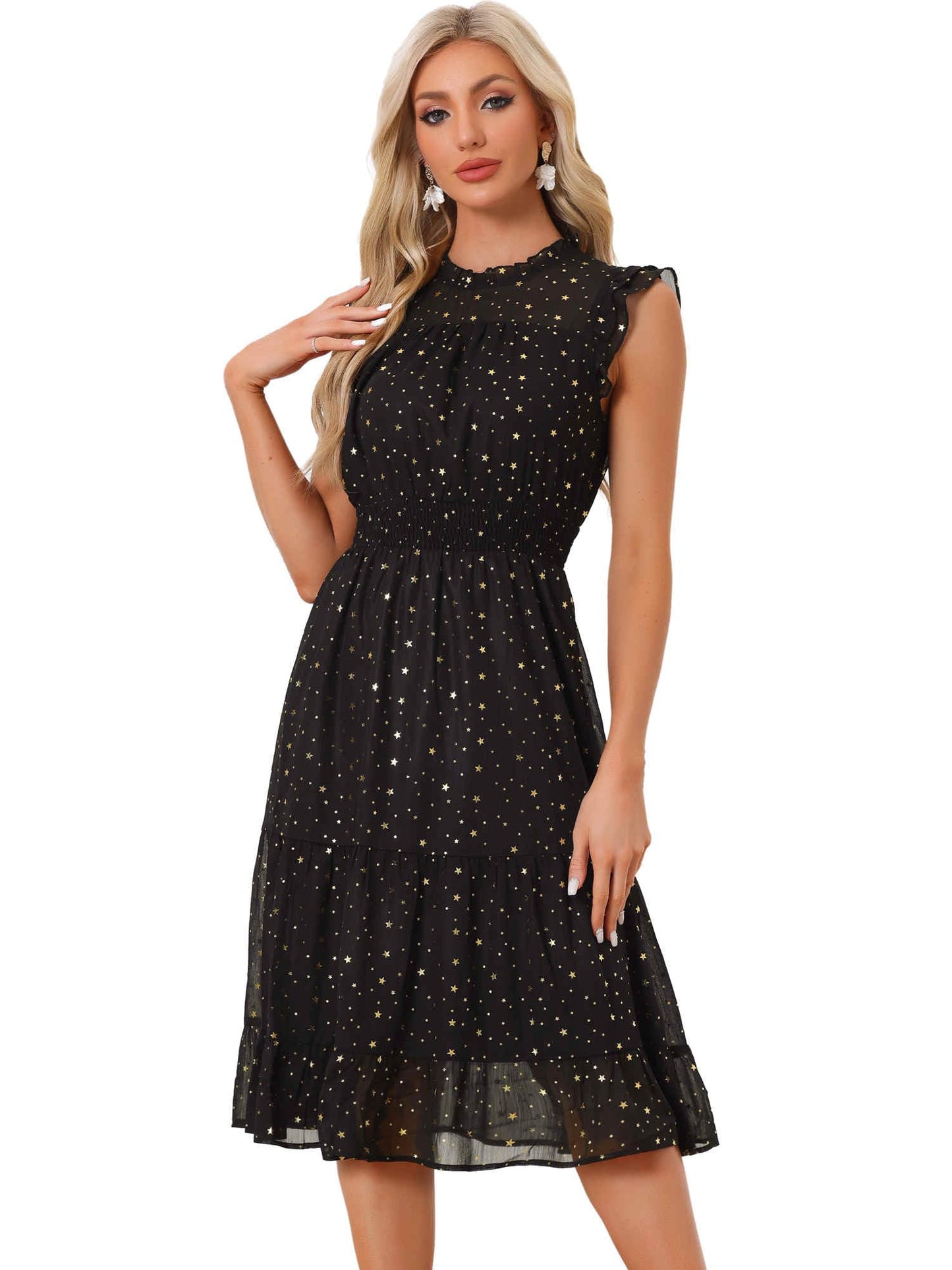 Allegra K Casual Chiffon Midi Dress for Women Halloween Sleeveless Smocked Waist Gilding Metallic Stars Party Dresses X-Large Black